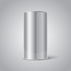 Mockup of Stainless steel Blank Tin Can packaging on grey background. Empty
