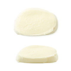 Single slice of mozzarella cheese isolated