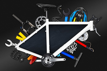 Fototapeta premium bicycle frame with empty blackboard and various bike parts / Fahrrad rahmen mit leerer Tafel und vielen verschiedenen Fahrradteilen