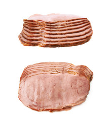 Pile of ham slices isolated
