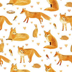 Fox,rabbit,hedgehog and bird.Seamless pattern.Watercolor hand drawn illustration.White background.