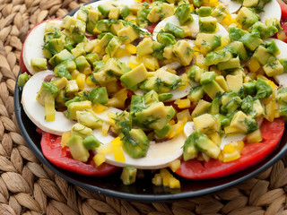 Healthy salad with tomatoes, raw mushrooms and avocado