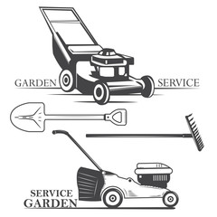  lawnmowers, garden services, shovel, rake, emblems, logos, badges. Vector