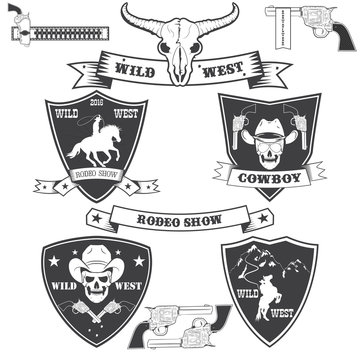  wild West, Sheriff, skull with hat, revolver horse, emblems, logos, badges, ribbons. Vector