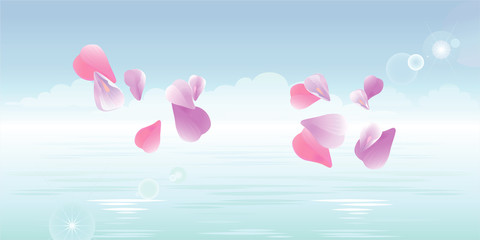 Pink petals falling in water. Sakura petals. Vector