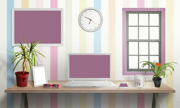 Laptop on desk in girl room. Isolated, white screen for mockup. Creative scene with plants, picture frame, glasses, smart phone, cup clock. Isolated picture, poster frame on wall