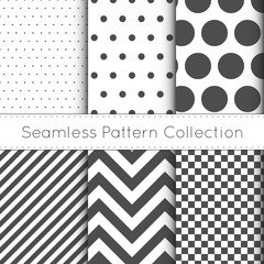 Seamless Pattern Collection with small, medium and big size dots, diagonal line, zigzag and checkered patterns. Set of minimal seamless vectors.