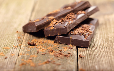 Pieces of chocolate and chocolate crumbs on old boards