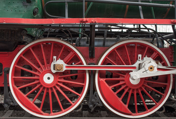 the wheels of a steam locomotive