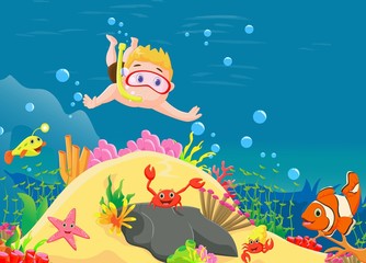 Naklejka na ściany i meble little boy diving in the sea