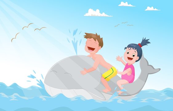 happy little children riding whale