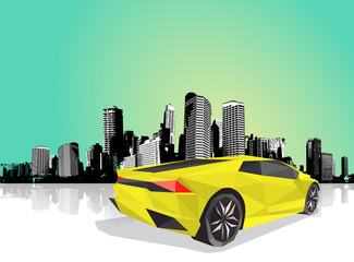 Polygonal sport car with cityscape at the background.