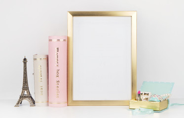 gold picture frame with decorations. Mock up for your photo or text Place your work, print...