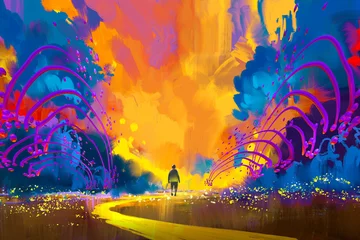 Tuinposter man walking to abstract colorful landscape,illustration painting © grandfailure