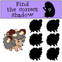 Children games: Find the correct shadow. Little cute hedgehog has a lot of mushrooms in his needles.
