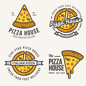 Set of pizza logo, badges, banners, emblem for fast food restaurant. Vector illustration.