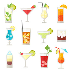 Set of different alcohol drink bottle and glasses vector illustration. 