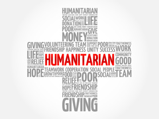 Humanitarian word cloud collage, cross concept