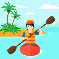 Man riding in canoe.