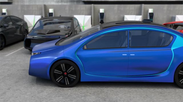 Blue electric car back to parking space without driver in it. Automatic parking assist concept. 3DCG animation.