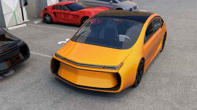 Yellow electric car back to parking space without driver in it. Automatic parking assist concept. 3DCG animation.