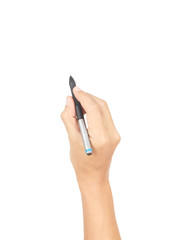 Man hand with pen isolated on white background, clipping path in