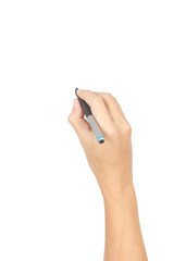 Man hand with pen isolated on white background, clipping path in