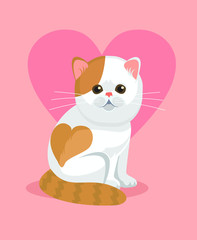 Cute cat with flat nose and heart on back. Vector flat cartoon illustration