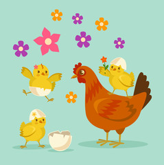 Cute cartoon chicken mother and kids. Vector flat cartoon illustration