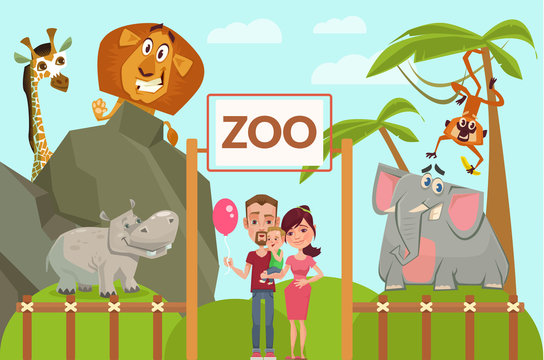 Happy family in zoo. Vector flat cartoon illustration