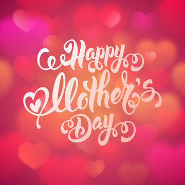 Mothers Day Lettering Calligraphic Design on Red Background With Hearts. Happy Mothers Day Inscription. Vector Illustration For Greeting Card and Other Print Templates.