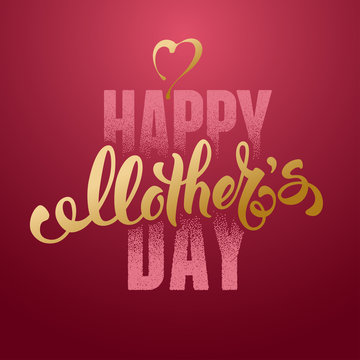 Mothers Day Lettering Calligraphic Design on Red Background With Heart. Happy Mothers Day Inscription. Red And Golden. Vector Design Element For Greeting Card and Other Print Templates.