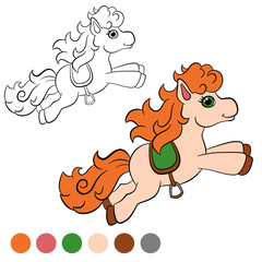 Coloring page. Color me: pony.  Little cute pony runs and smiles.