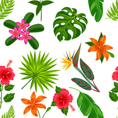 Seamless pattern with tropical plants, leaves and flowers. Background made without clipping mask. Easy to use for backdrop, textile, wrapping paper