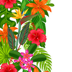 Obraz premium Seamless vertical border with tropical plants, leaves and flowers. Background made without clipping mask. Easy to use for backdrop, textile, wrapping paper