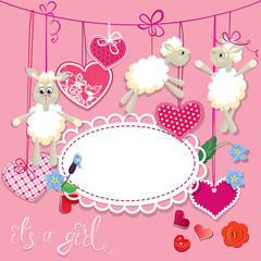 Pink baby shower card with sheep and hearts - design for girls.