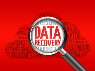 Data Recovery word cloud with magnifying glass, business concept