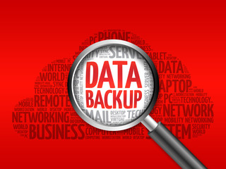 Data Backup word cloud with magnifying glass, business concept