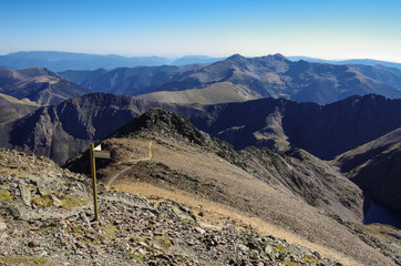Panorama of the Pyrenees mountains in Andorra, from top of Coma Pedrosa peak.
