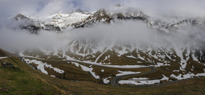 Panorama of Transfagarasan Highway which crosses Fagarasi Mountains. Road is closed in winter season. Romania.
