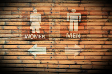 Toilet Signs male and female on brown bamboo wood wall