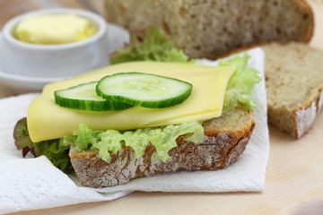 Cheese sandwich with lettuce and cucumber, closeup
