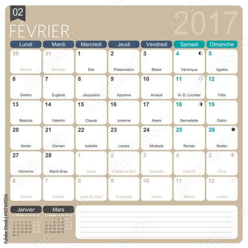 "French calendar 2017 / February 2017, French printable monthly