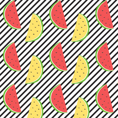 Watermelon pattern on stripes background. Seamless Pattern. Print texture. Fabric design. Vector illustration.
