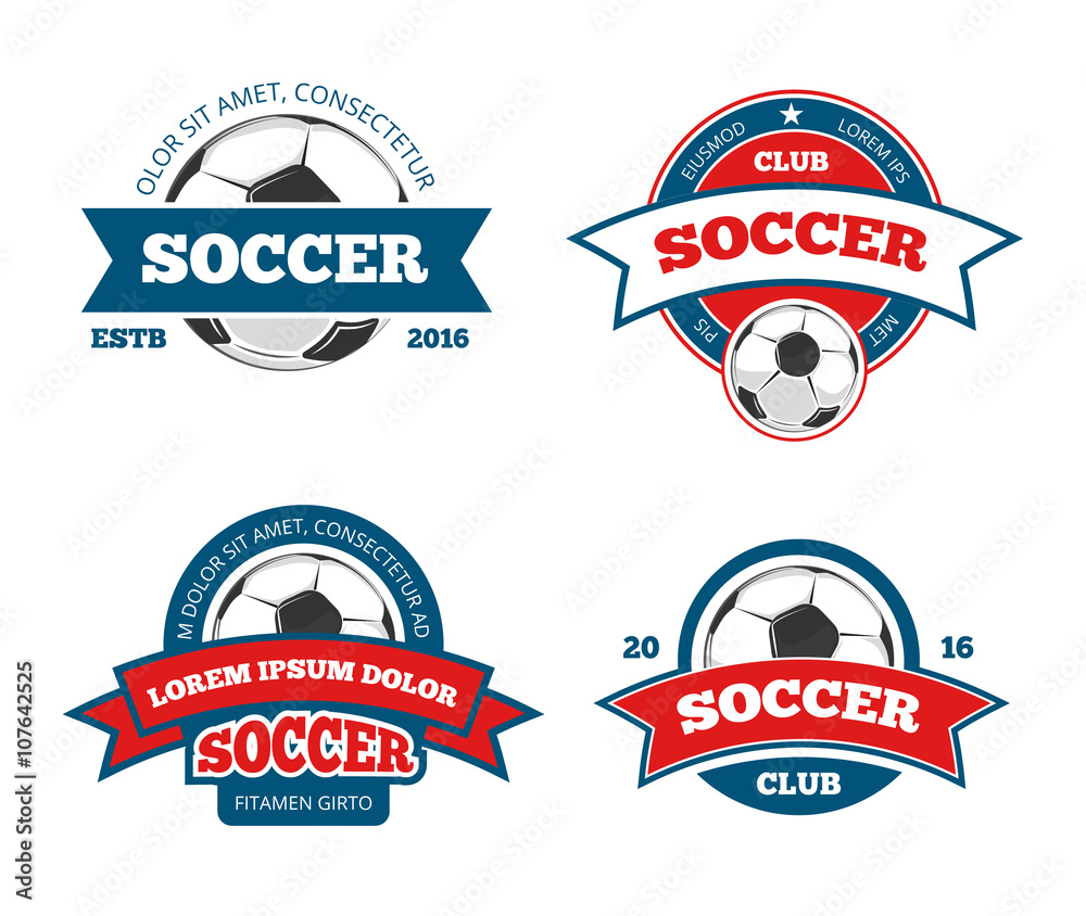 Sticker Soccer logo templates. Football logotypes or soccer logos, sport team badges identity vector illustrations