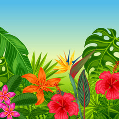 Fototapeta na wymiar Background with stylized tropical plants, leaves and flowers. Image for advertising booklets, banners, flayers, cards