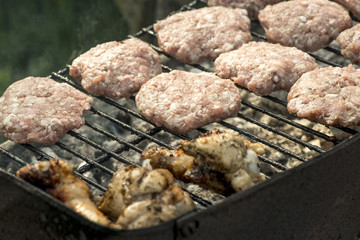 Barbecue in nature. Baking meatballs on charcoal