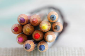 Colour pencil stack together with selected and soft focus.