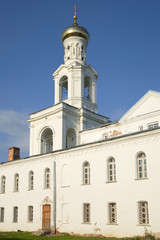 Fototapeta na wymiar View of the bell tower of St. George's monastery. Veliky Novgorod, Russia