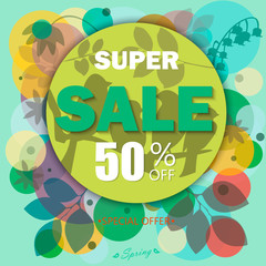 Spring Sale Banner, Sale Poster, Sale Flyer, Sale Vector. 50% Off, Vector illustration. Colorful Abstract Flower Background. Spring Floral Transparent Background. Spring Mood. Vector Nature Background